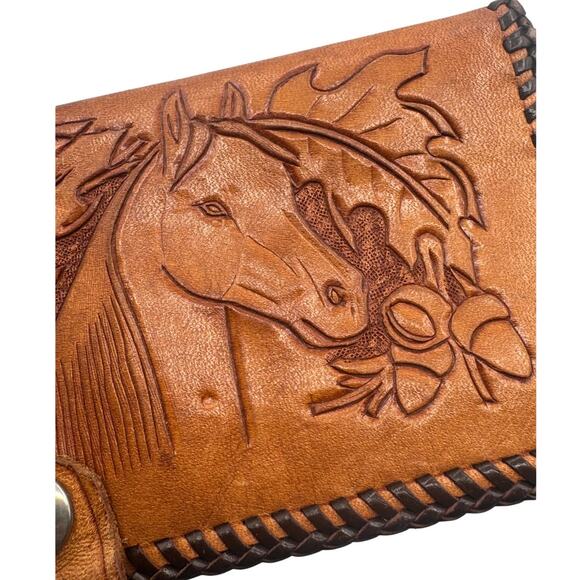 Vintage Hand Tooled Leather Wallet Horse Acorns Embossed Bifold Whip Stitched 8" - Picture 4 of 15